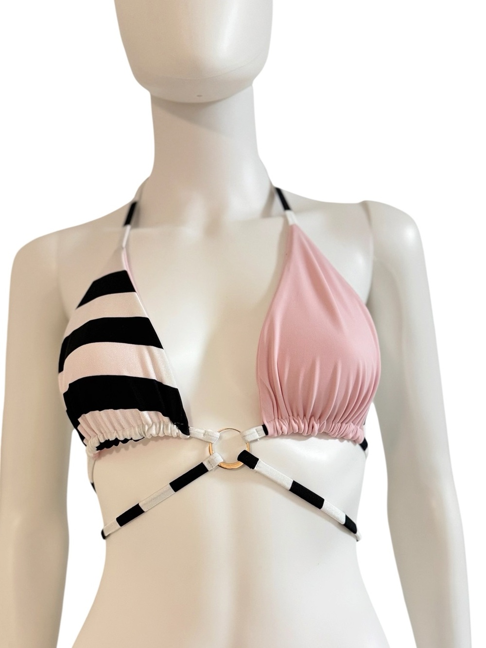 Striped Black & White + Pale Pink Triangle Bikini Top